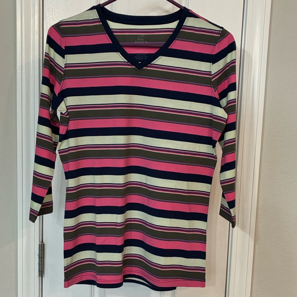 NWT Woolx Elena Striped V-Neck 3/4 Women's Top